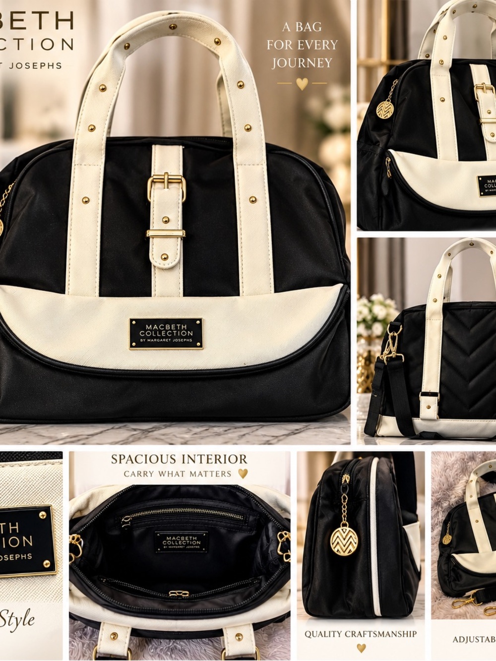 Macbeth Collection by Margaret Josephs Black and Cream Satchel Tote